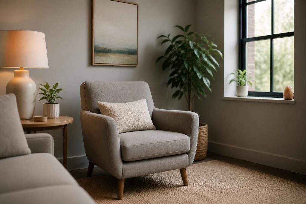 Calm modern therapy room with soft seating and natural light.