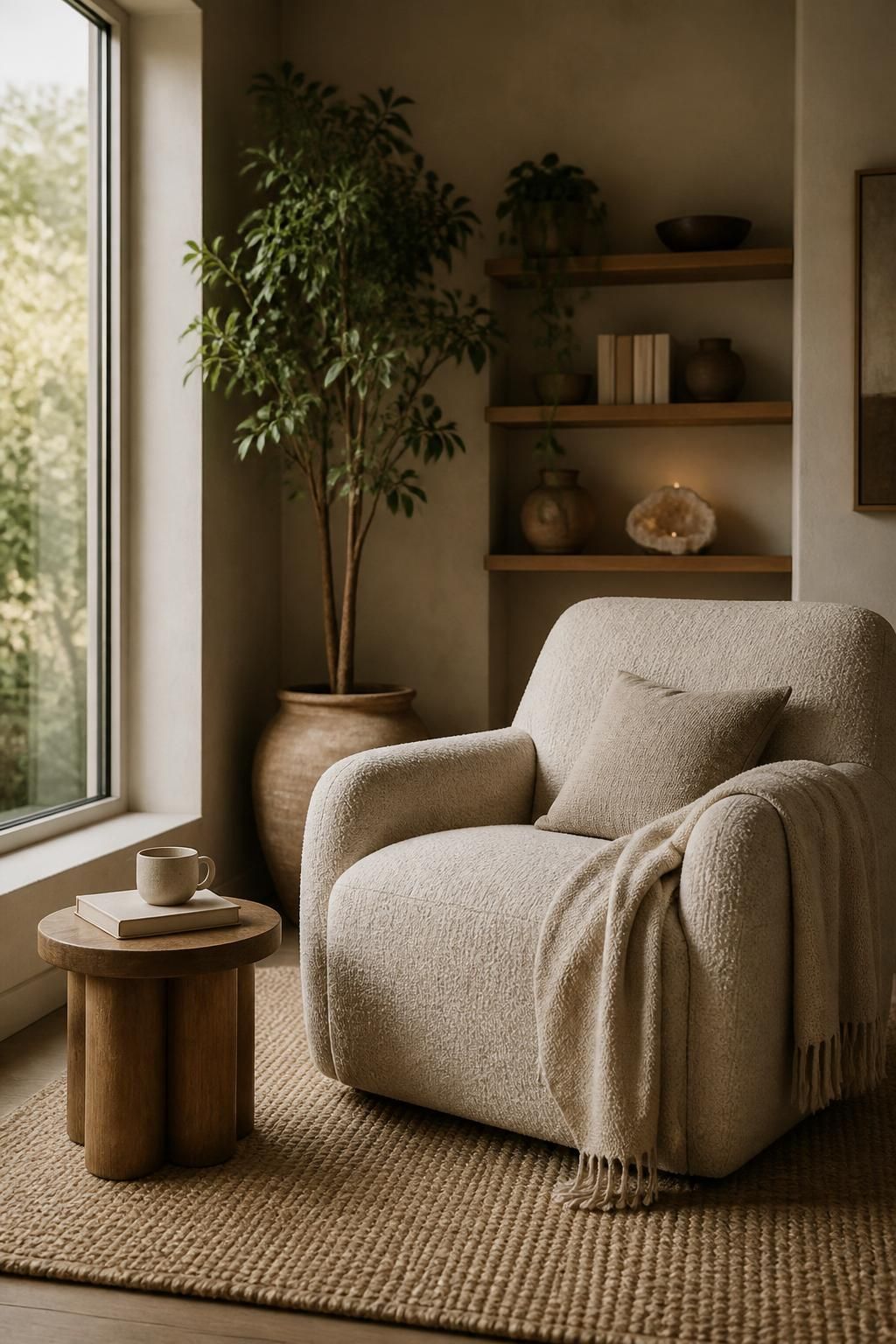 Inviting wellness room with an armchair and soft natural light.